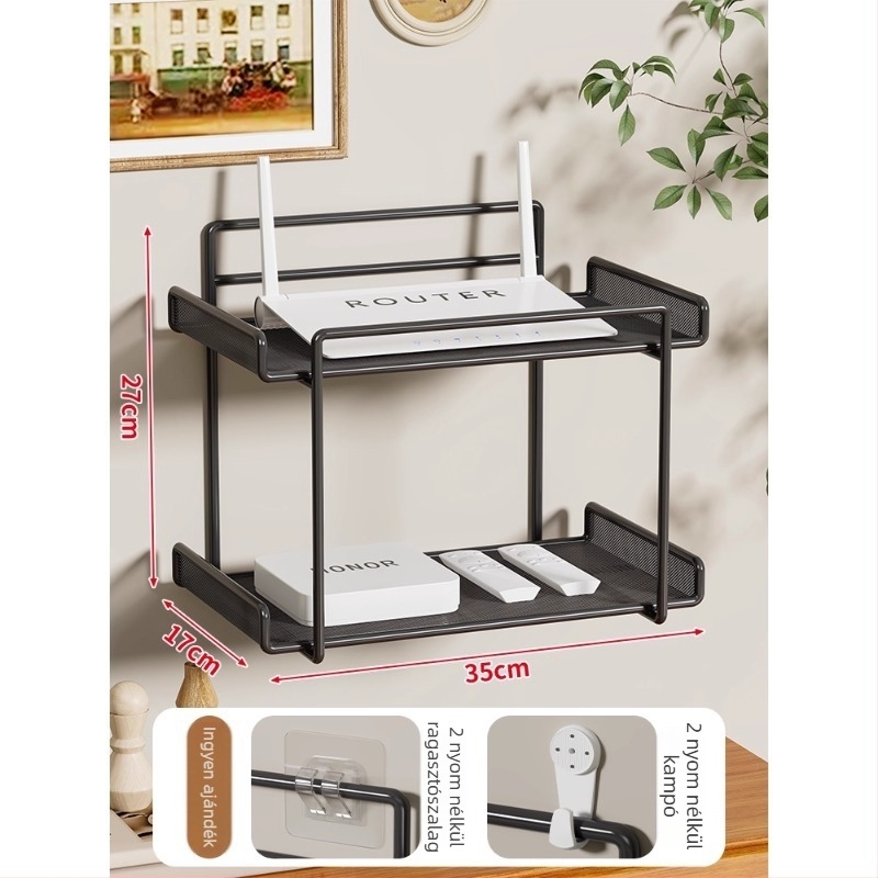 Két szintes vasfalra szerelhető router- és set-top box polc – modern minimalist stílusú nappaliba