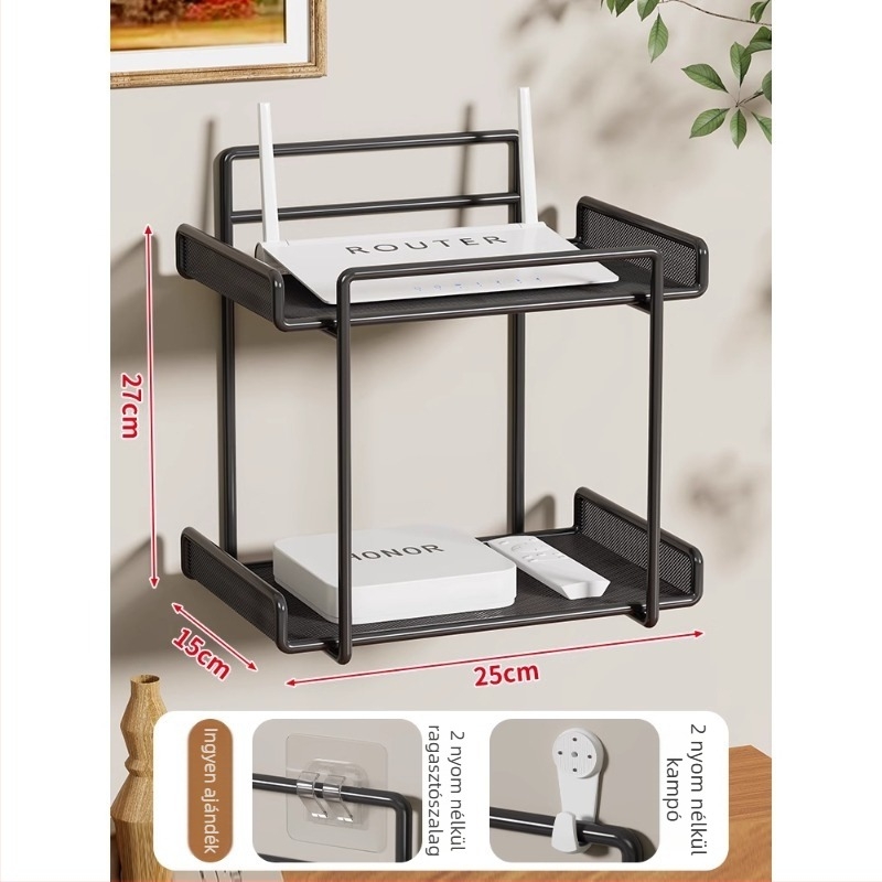 Két szintes vasfalra szerelhető router- és set-top box polc – modern minimalist stílusú nappaliba
