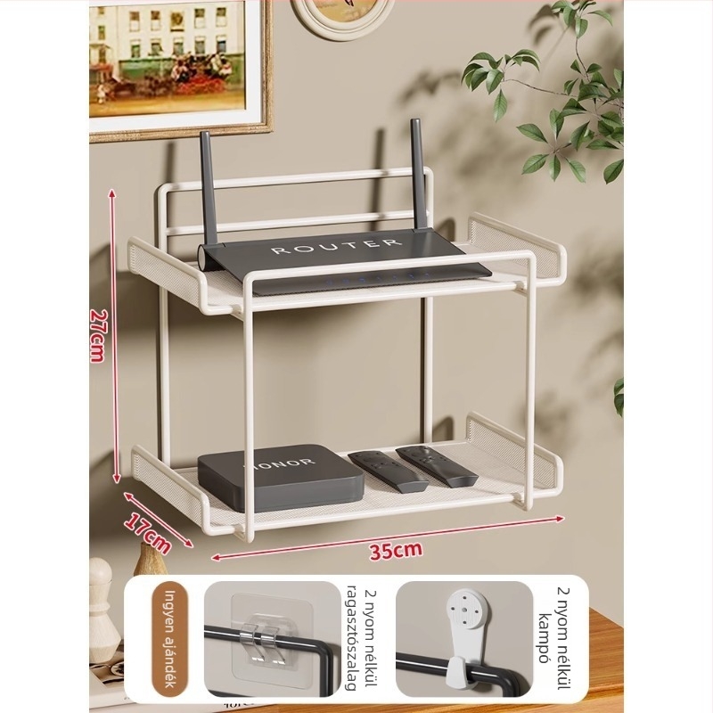 Két szintes vasfalra szerelhető router- és set-top box polc – modern minimalist stílusú nappaliba