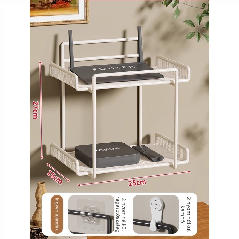 Két szintes vasfalra szerelhető router- és set-top box polc – modern minimalist stílusú nappaliba