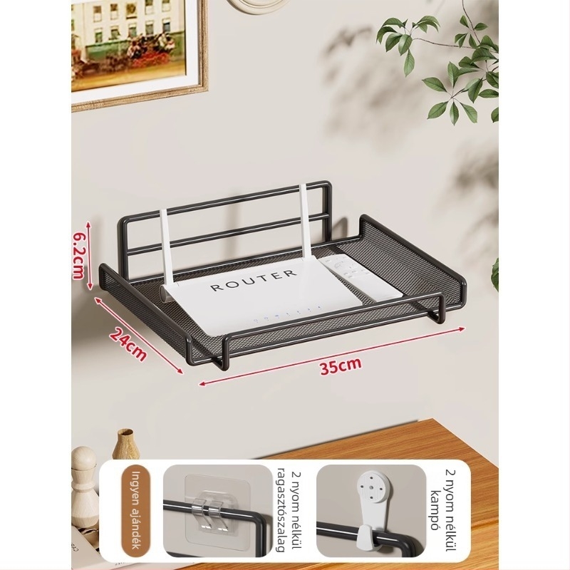 Két szintes vasfalra szerelhető router- és set-top box polc – modern minimalist stílusú nappaliba