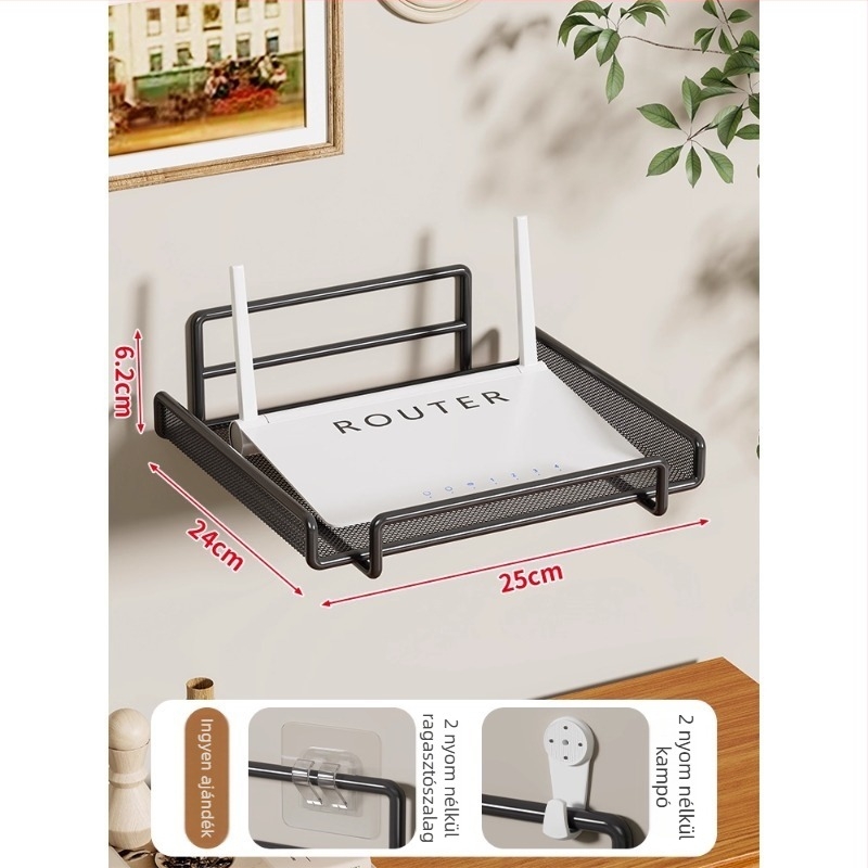 Két szintes vasfalra szerelhető router- és set-top box polc – modern minimalist stílusú nappaliba