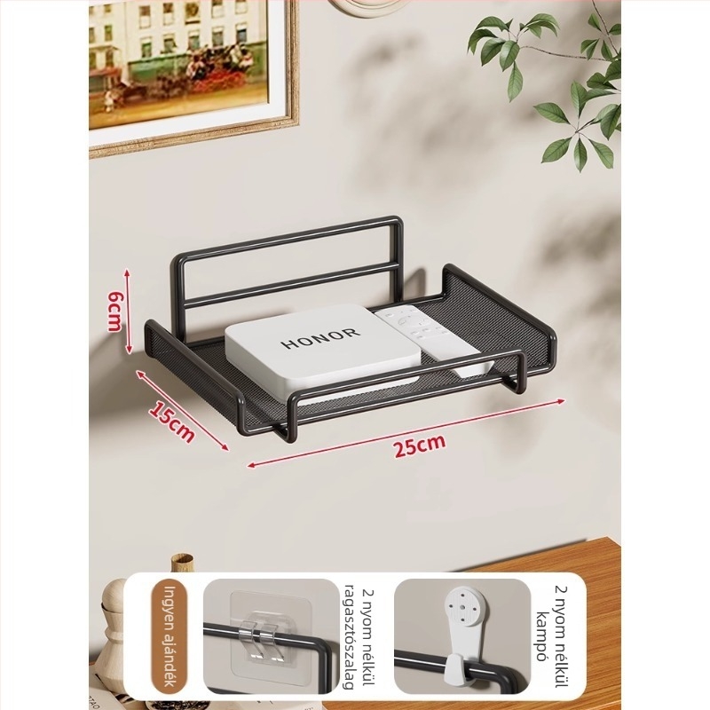 Két szintes vasfalra szerelhető router- és set-top box polc – modern minimalist stílusú nappaliba