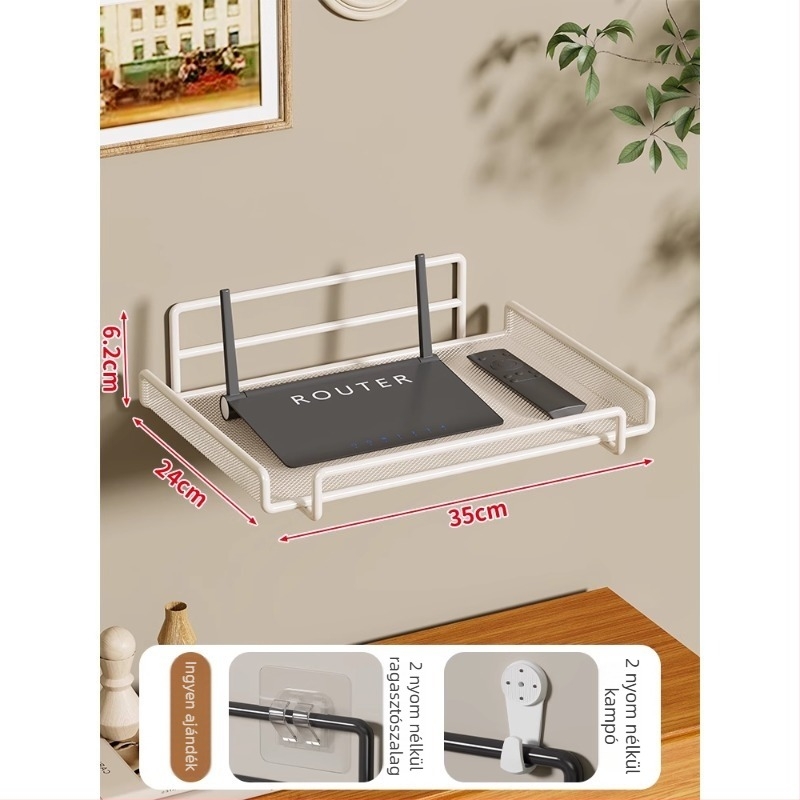 Két szintes vasfalra szerelhető router- és set-top box polc – modern minimalist stílusú nappaliba