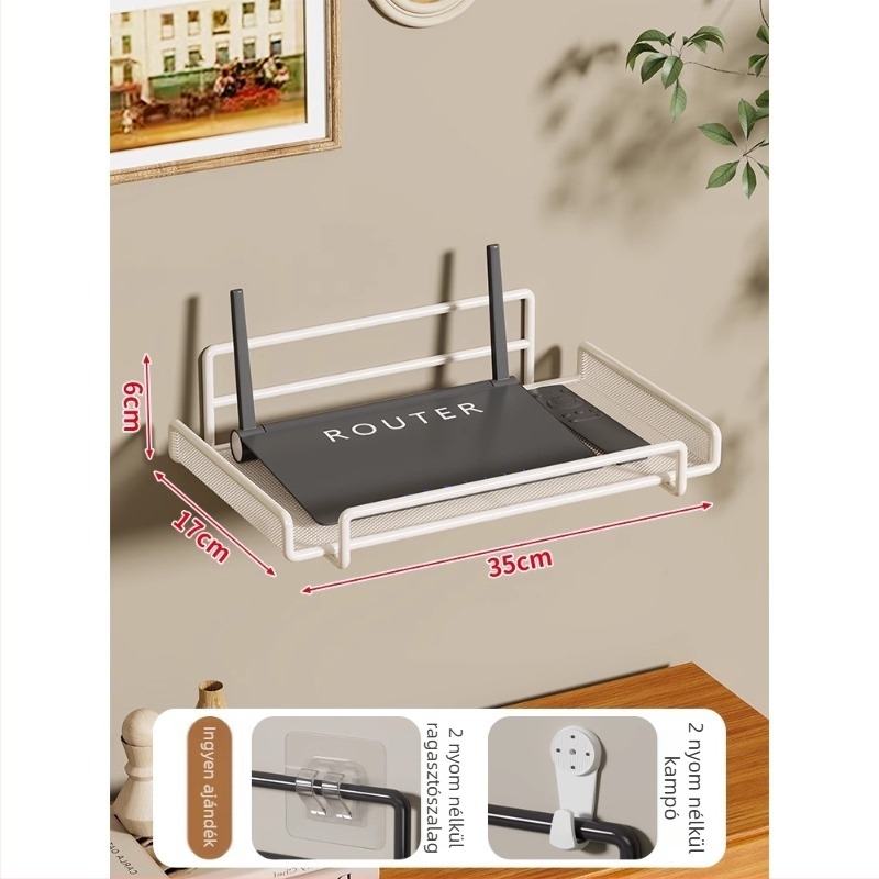 Két szintes vasfalra szerelhető router- és set-top box polc – modern minimalist stílusú nappaliba