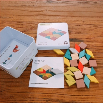 Fából készült háromdimenziós puzzlejáték, fémdobozos csomagolásban, logóval testre szabható, 4-6 éves gyermekek számára