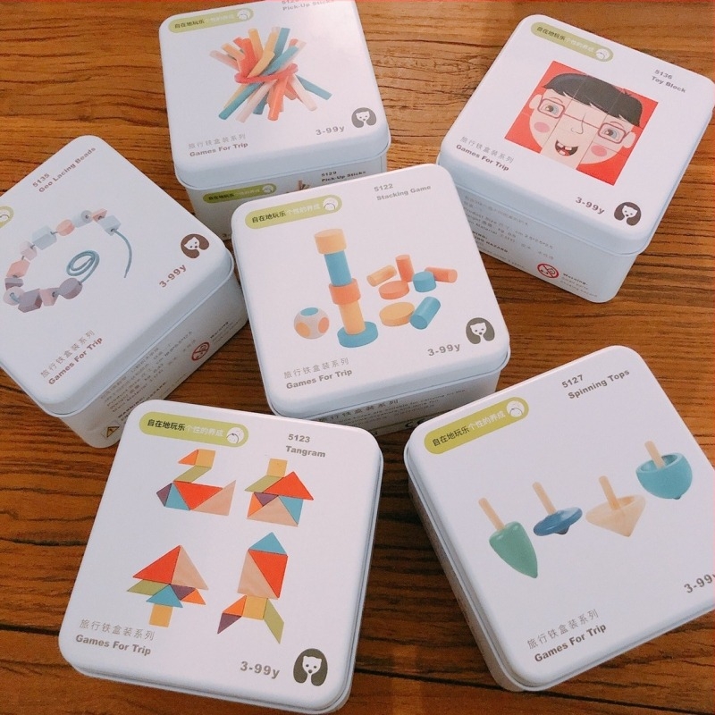 Fából készült háromdimenziós puzzlejáték, fémdobozos csomagolásban, logóval testre szabható, 4-6 éves gyermekek számára
