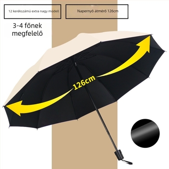 12 bordás esernyő UV-védelemmel, összecsukható, vas bordák, gumírozott fogantyú, kézi nyitás-zárás, kettős használat nap és eső