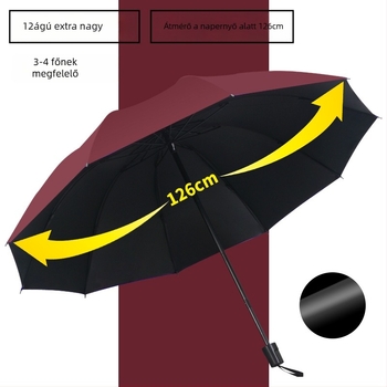 12 bordás esernyő UV-védelemmel, összecsukható, vas bordák, gumírozott fogantyú, kézi nyitás-zárás, kettős használat nap és eső