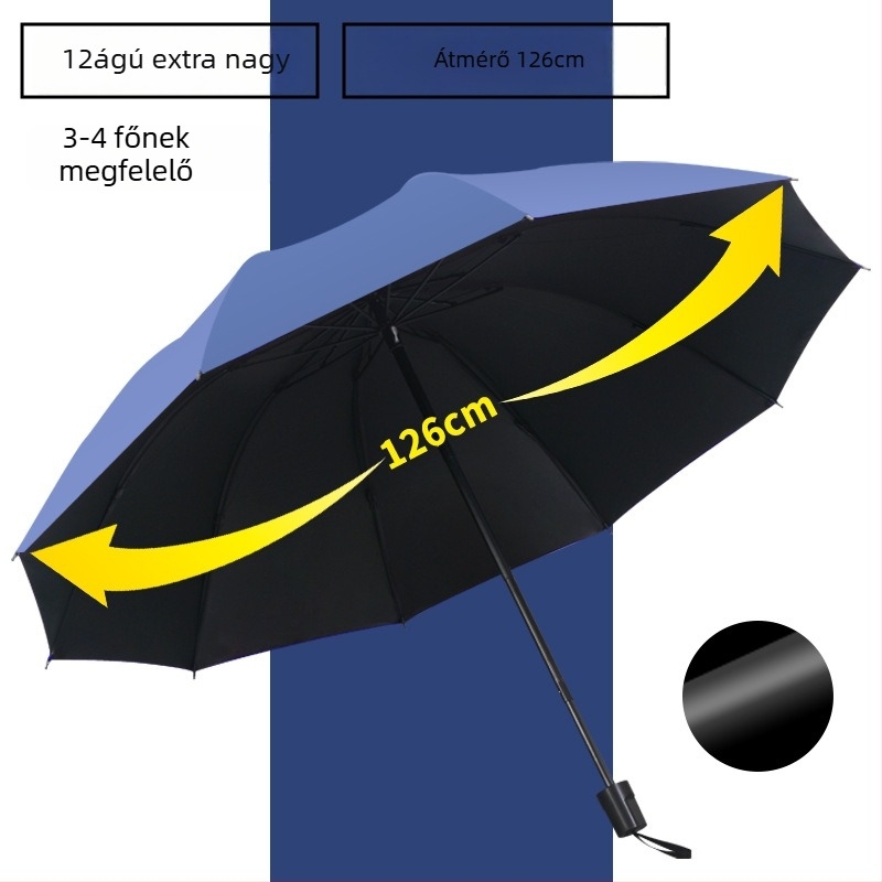 12 bordás esernyő UV-védelemmel, összecsukható, vas bordák, gumírozott fogantyú, kézi nyitás-zárás, kettős használat nap és eső