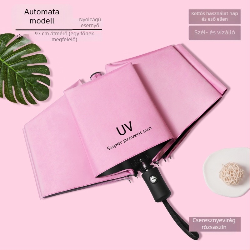 12 bordás esernyő UV-védelemmel, összecsukható, vas bordák, gumírozott fogantyú, kézi nyitás-zárás, kettős használat nap és eső