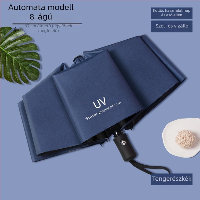12 bordás esernyő UV-védelemmel, összecsukható, vas bordák, gumírozott fogantyú, kézi nyitás-zárás, kettős használat nap és eső