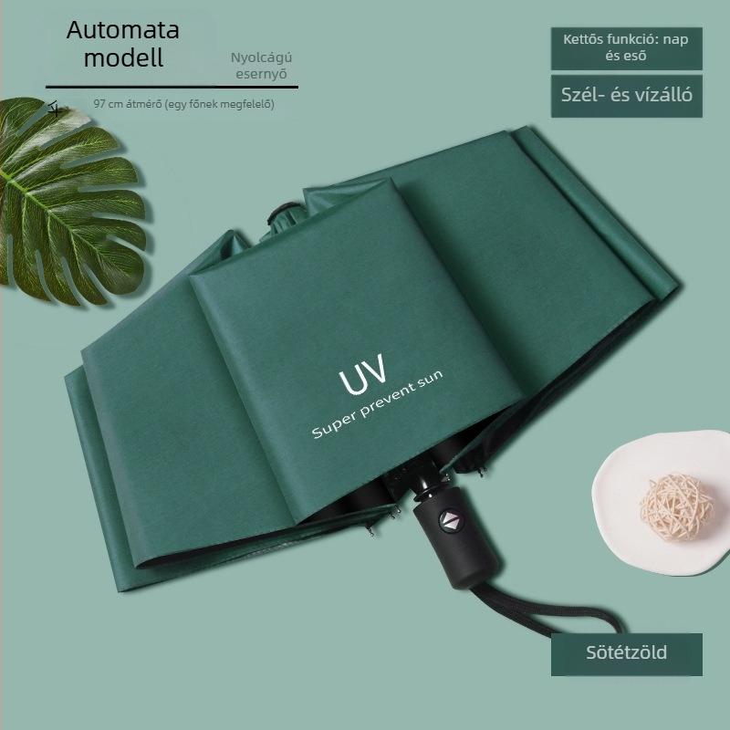 12 bordás esernyő UV-védelemmel, összecsukható, vas bordák, gumírozott fogantyú, kézi nyitás-zárás, kettős használat nap és eső