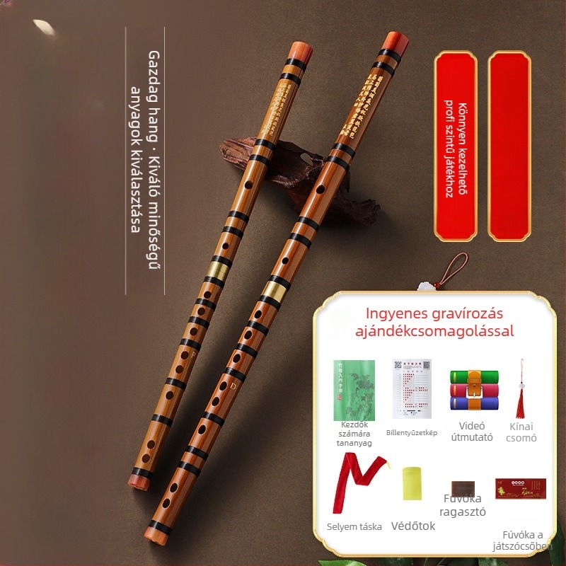 Kézdőnek szánt bambusz fuvola, általános iskolásoknak, hangjegyek: C D E F G, flanel táska tartozékkal