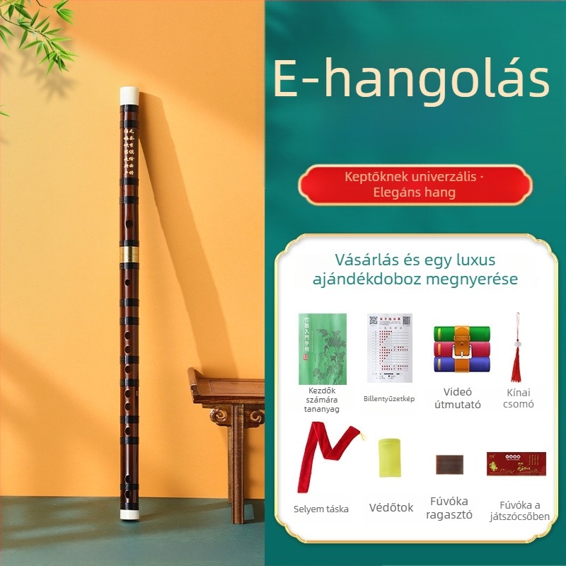Kézdőnek szánt bambusz fuvola, általános iskolásoknak, hangjegyek: C D E F G, flanel táska tartozékkal