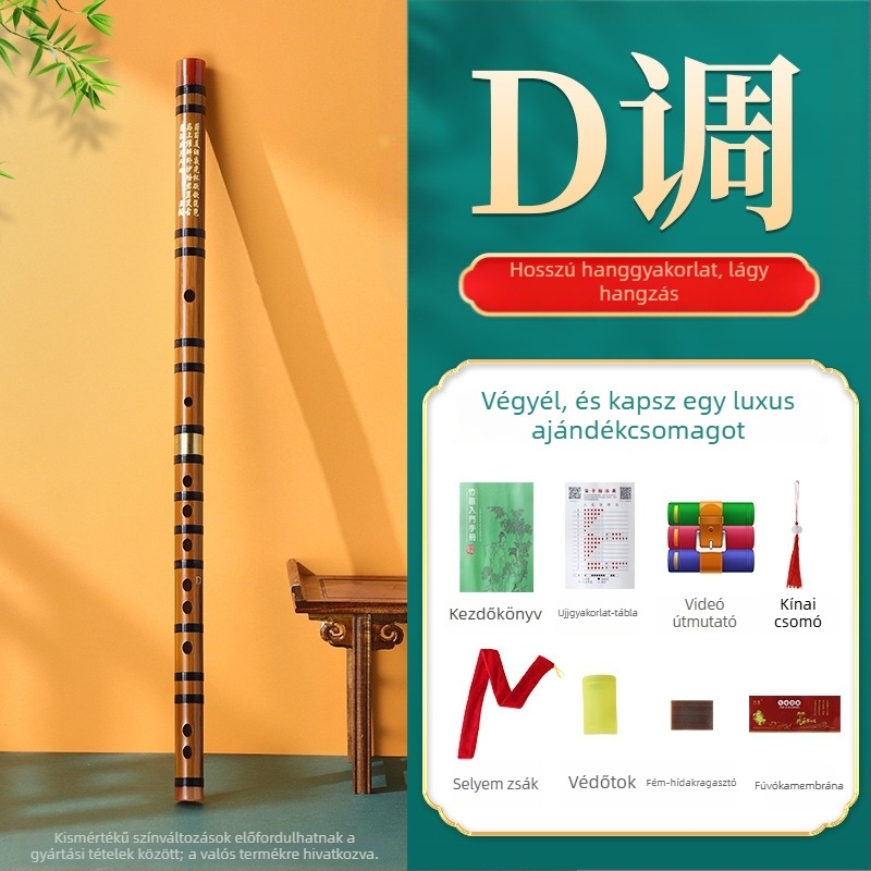 Kézdőnek szánt bambusz fuvola, általános iskolásoknak, hangjegyek: C D E F G, flanel táska tartozékkal