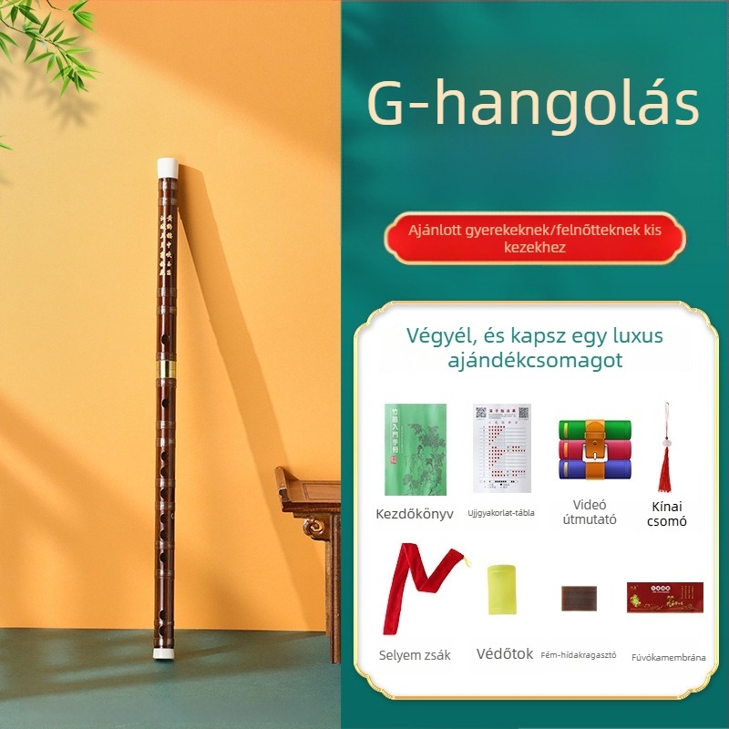Kézdőnek szánt bambusz fuvola, általános iskolásoknak, hangjegyek: C D E F G, flanel táska tartozékkal