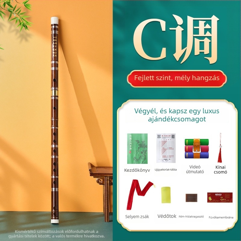Kézdőnek szánt bambusz fuvola, általános iskolásoknak, hangjegyek: C D E F G, flanel táska tartozékkal