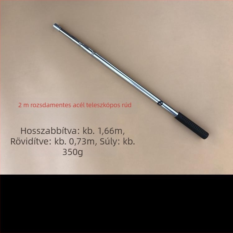 Rozsdamentes acélból készült teleszkópos rúd hálóhoz, szegecses megerősítéssel, harpun horog és kaparó tartozék