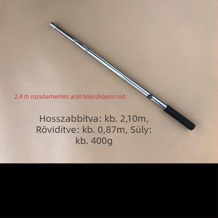Rozsdamentes acélból készült teleszkópos rúd hálóhoz, szegecses megerősítéssel, harpun horog és kaparó tartozék