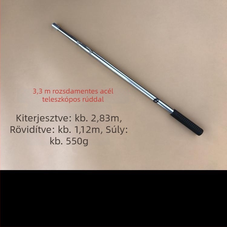 Rozsdamentes acélból készült teleszkópos rúd hálóhoz, szegecses megerősítéssel, harpun horog és kaparó tartozék