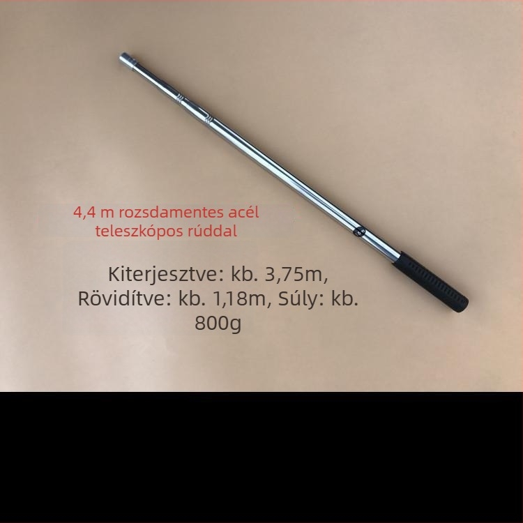 Rozsdamentes acélból készült teleszkópos rúd hálóhoz, szegecses megerősítéssel, harpun horog és kaparó tartozék