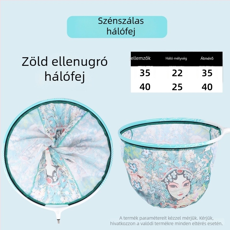 Karbonszövetsű, könnyű cserélhető hálófej horgászathoz, 35/40 cm átmérő, 22/25 cm mélység, finom szemű háló, gyorsan száradó, anti-akasztás