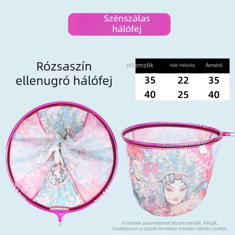 Karbonszövetsű, könnyű cserélhető hálófej horgászathoz, 35/40 cm átmérő, 22/25 cm mélység, finom szemű háló, gyorsan száradó, anti-akasztás