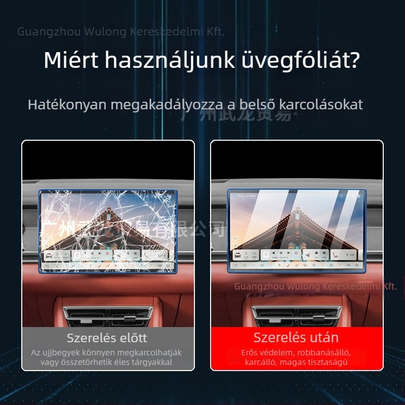 BYD Tang L központi navigációs kijelzőjére készült edzett üveg képernyővédő — monolit gyártás, ujjlenyomat-mentes, karcolás- és kopásálló, magas és alacsony hőmérséklet-állóság