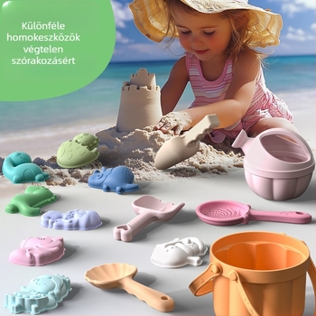 Szilikon tengerparti homokozó készlet ásóval és vödörrel – oktatási célú, homokozás és vízöntés, 4–6 éveseknek.