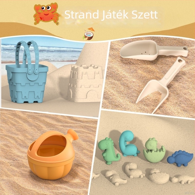 Szilikon tengerparti homokozó készlet ásóval és vödörrel – oktatási célú, homokozás és vízöntés, 4–6 éveseknek.