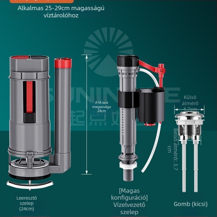 WC-tartály feltöltő szelepe, univerzális felső lefolyó szelep, ABS, kézi öblítés, padlóra történő lefolyás