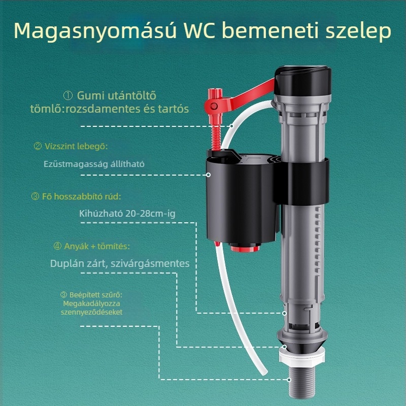WC-tartály feltöltő szelepe, univerzális felső lefolyó szelep, ABS, kézi öblítés, padlóra történő lefolyás