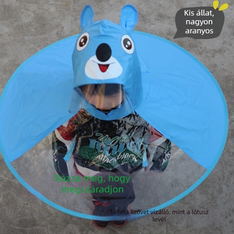 Gyermekeknek szóló esernyőkalap: könnyű, átlátszó összecsukható kialakítás, ötvözetes váz és rúd, 170T vinil anyag, csomagolás 31x33x0,8 cm, bruttó tömeg 200 g