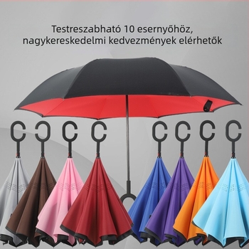 Kézzel működtethető hosszú nyeletű fordított esernyő autókhoz, C-típus, kettős réteg, nyomtatott logóval
