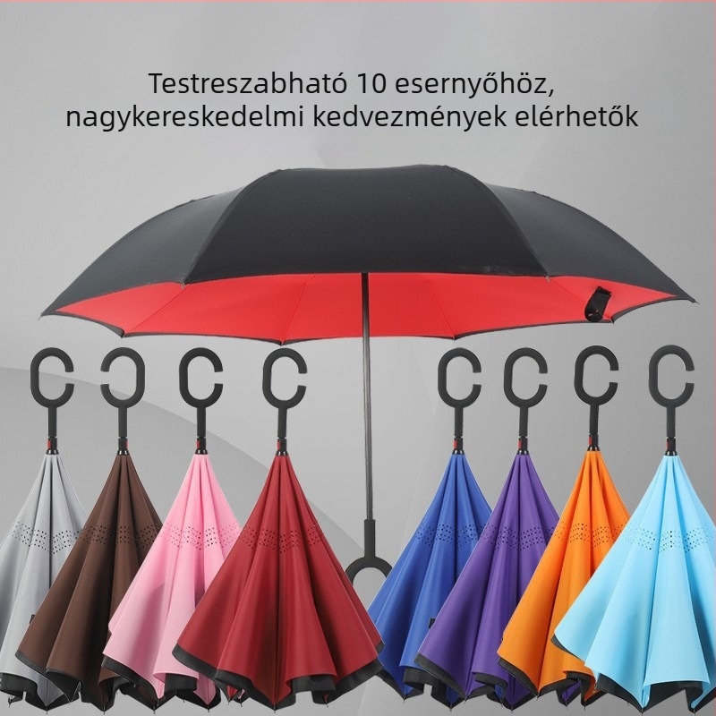 Kézzel működtethető hosszú nyeletű fordított esernyő autókhoz, C-típus, kettős réteg, nyomtatott logóval