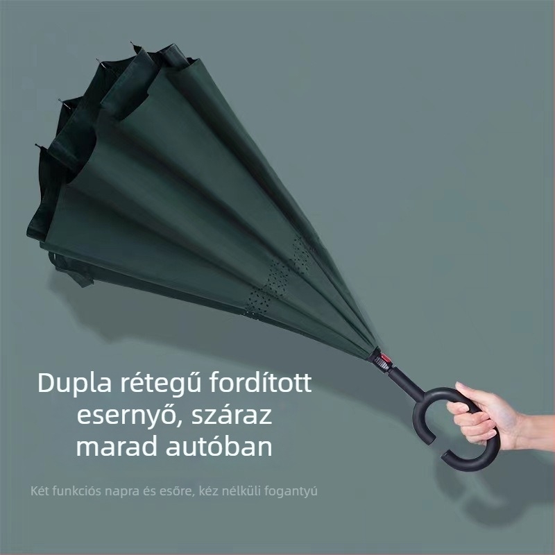 Kézzel működtethető hosszú nyeletű fordított esernyő autókhoz, C-típus, kettős réteg, nyomtatott logóval