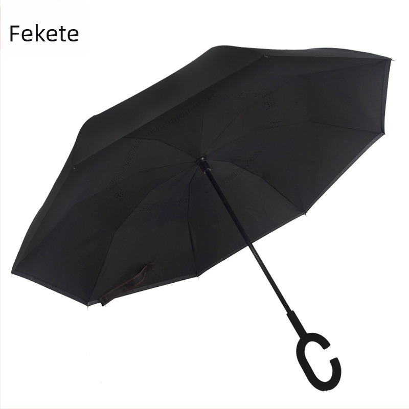 Kézzel működtethető hosszú nyeletű fordított esernyő autókhoz, C-típus, kettős réteg, nyomtatott logóval