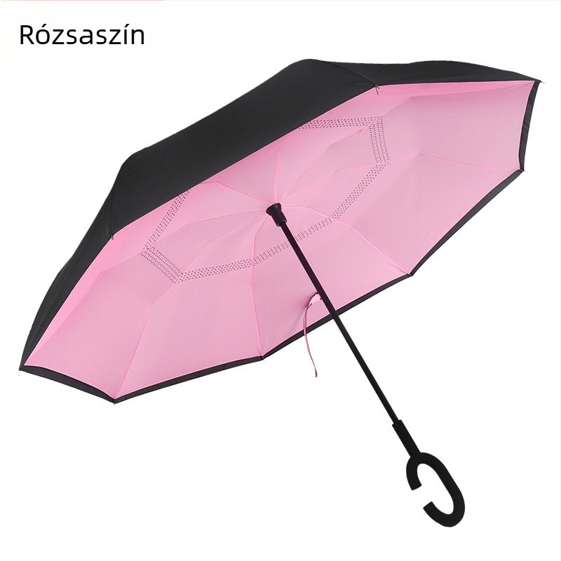 Kézzel működtethető hosszú nyeletű fordított esernyő autókhoz, C-típus, kettős réteg, nyomtatott logóval