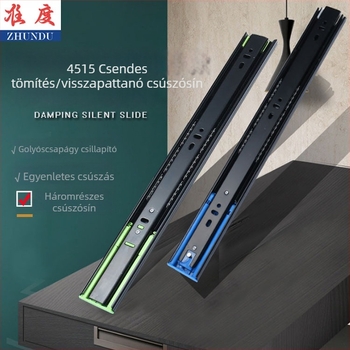 Háromrészes fiókcsúszka csillapítóval, halk acélgolyós vezető, modell H12b, anyag: acél, felületkezelések: elektroforozás, elektro-galvanizálás, kefés felület