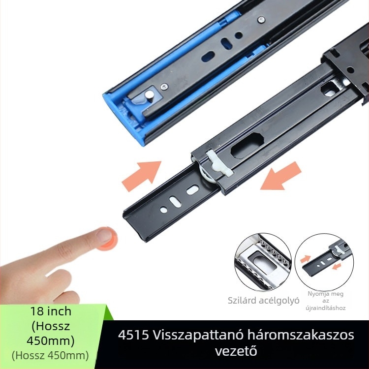 Háromrészes fiókcsúszka csillapítóval, halk acélgolyós vezető, modell H12b, anyag: acél, felületkezelések: elektroforozás, elektro-galvanizálás, kefés felület