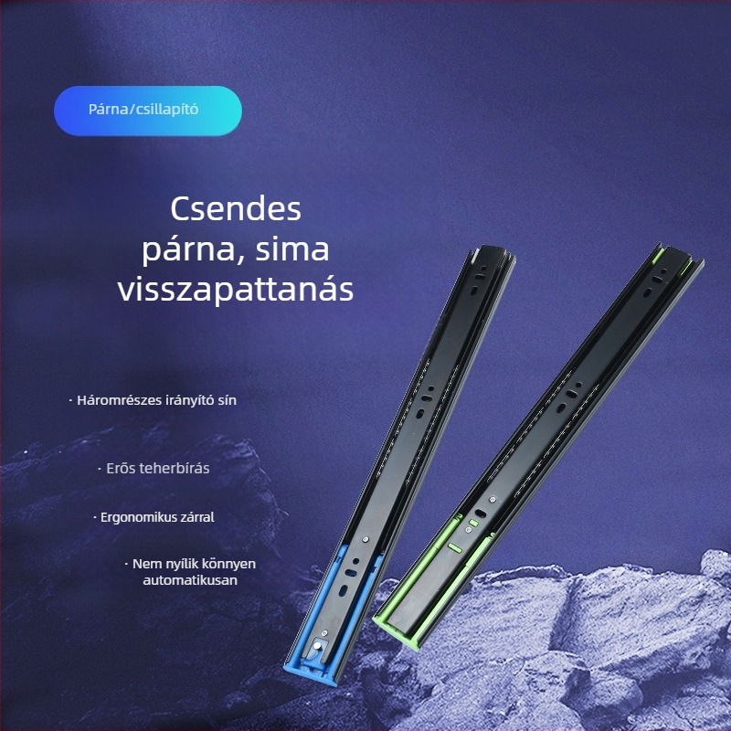 Háromrészes fiókcsúszka csillapítóval, halk acélgolyós vezető, modell H12b, anyag: acél, felületkezelések: elektroforozás, elektro-galvanizálás, kefés felület