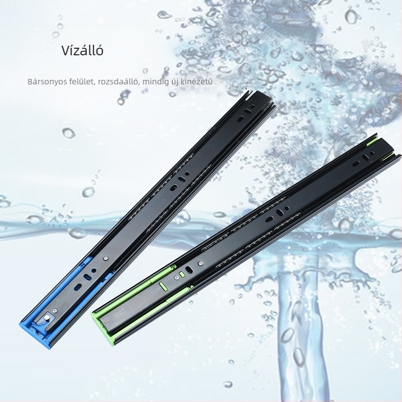 Háromrészes fiókcsúszka csillapítóval, halk acélgolyós vezető, modell H12b, anyag: acél, felületkezelések: elektroforozás, elektro-galvanizálás, kefés felület