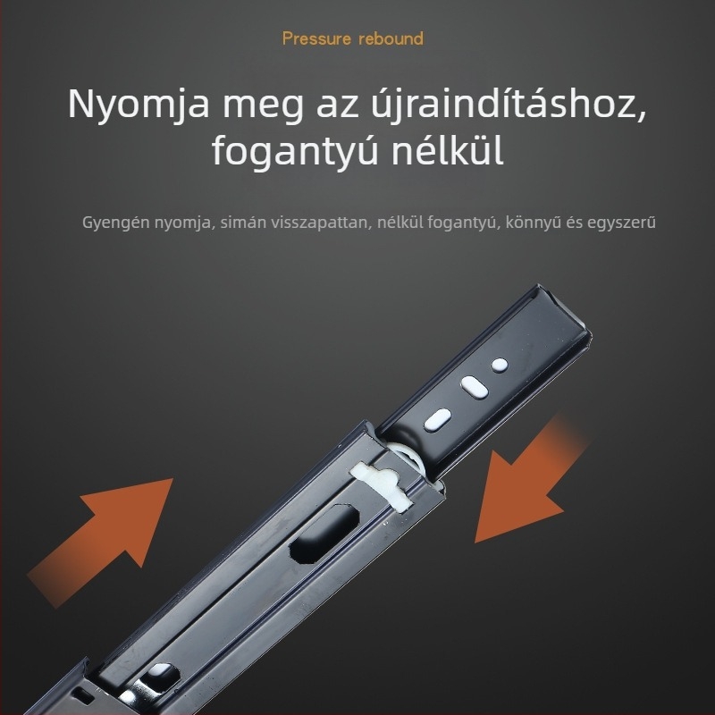 Háromrészes fiókcsúszka csillapítóval, halk acélgolyós vezető, modell H12b, anyag: acél, felületkezelések: elektroforozás, elektro-galvanizálás, kefés felület
