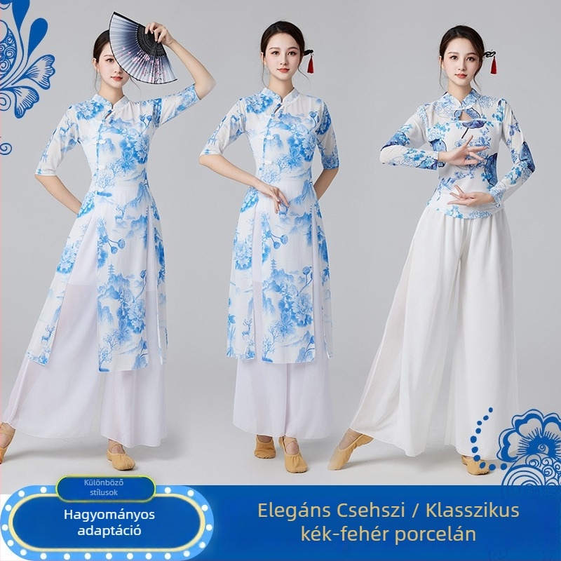 Női négyzettánc ruházat kék-fehér porcelán motívummal, klasszikus etnikus stílusú hálós anyagú ruhaszett
