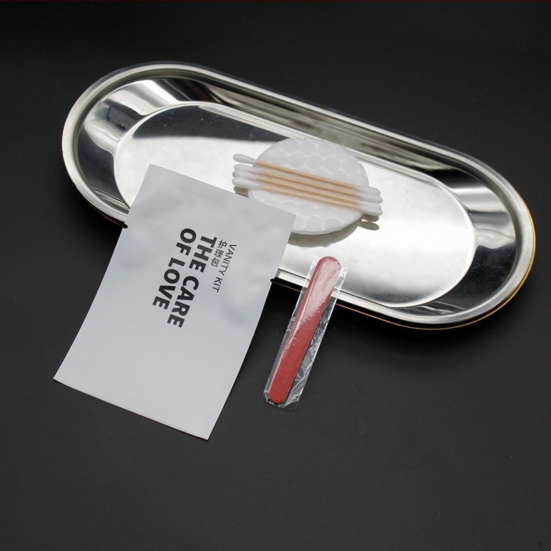 Szállodai szobákba szánt egyszer használatos higiéniai készlet, PS műanyag, biodegradálható, logó nyomtatás, testreszabható dizájn