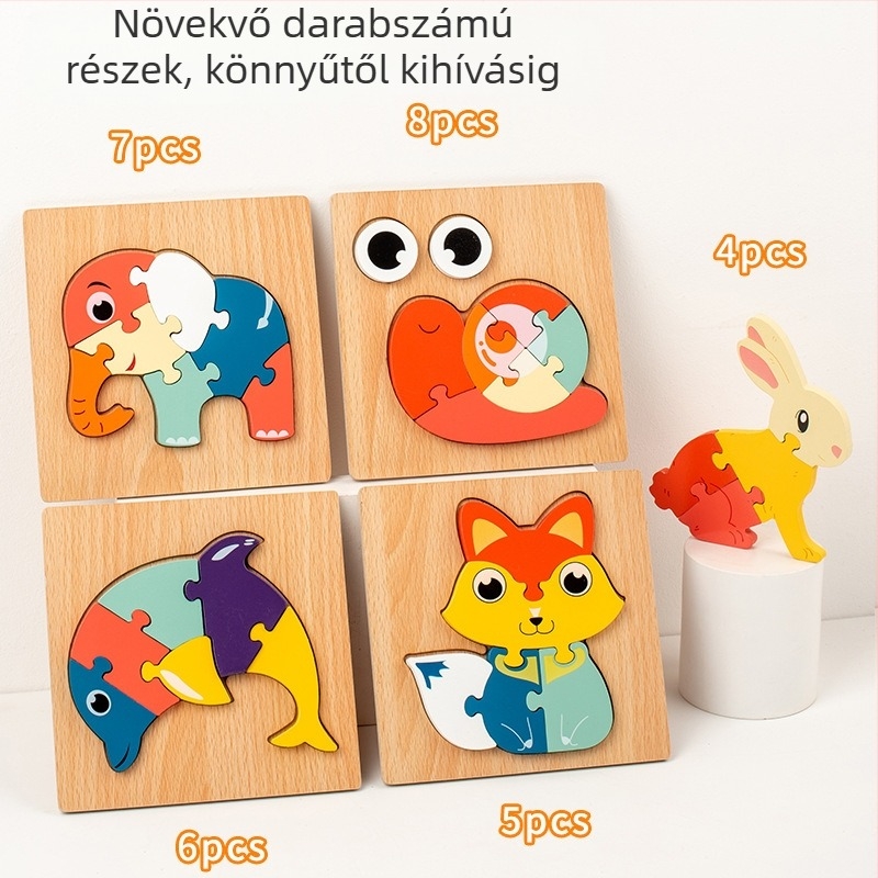 Fából készült 3D-s állatos puzzle gyerekeknek, testreszabható rajzok szerint, 4–6 éveseknek