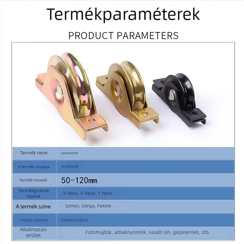 Csúszóajtó vezető görgő V-, U- és Y-típusú vezetőkkel, vastagított szerelvénylemez, teherbírás 0,5 t