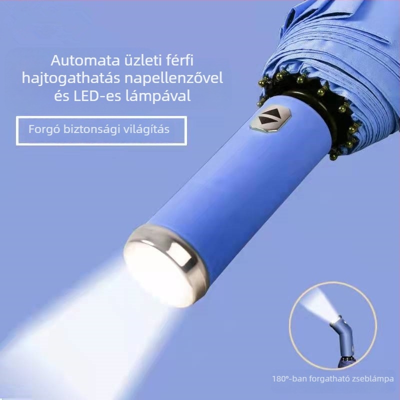 Üzleti összecsukható esernyő LED-lámpával és UV-védelemmel UPF50+, félautomata nyitás, automatikus zárás, 10 borda, vasrúd, műanyag fogantyú