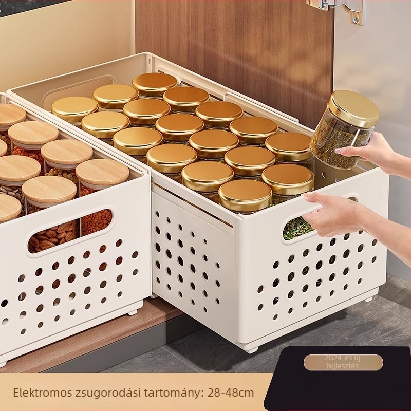 Kiterjeszthető fiókos tároló doboz szekrényhez — asztali rendező nassolnivalók és apró tárgyak számára, mély szekrény derékszögű kialakítással